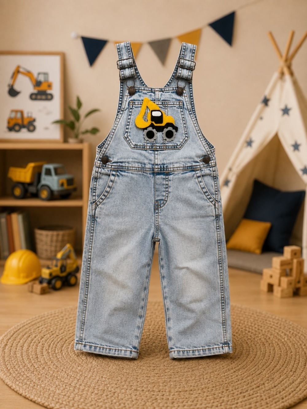 OshKosh B'gosh Denim Overalls – Size 4T – Custom Construction Vehicle Appliqué - Picture 1 of 2